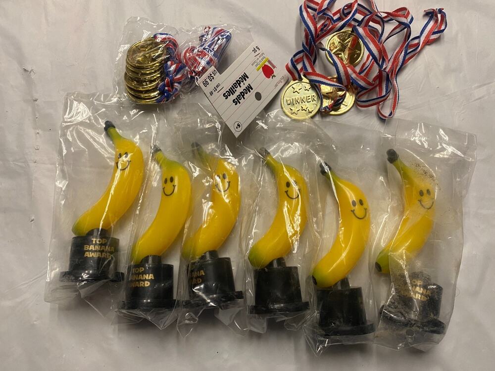 6 Pack - Top Banana Award Trophies Plastic. 5 3/4" & 9 Medals Necklaces
